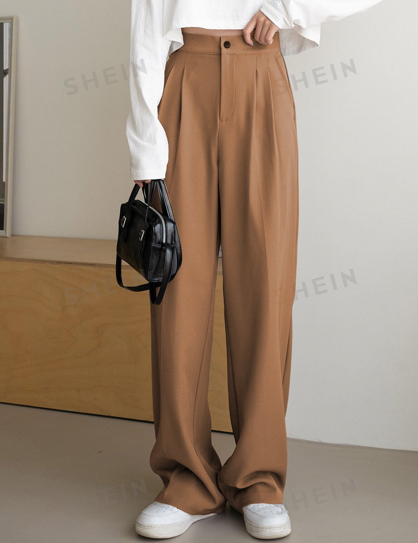 KOTTY Women's Relaxed High-Rise Easy Wash Cotton Bland Trousers