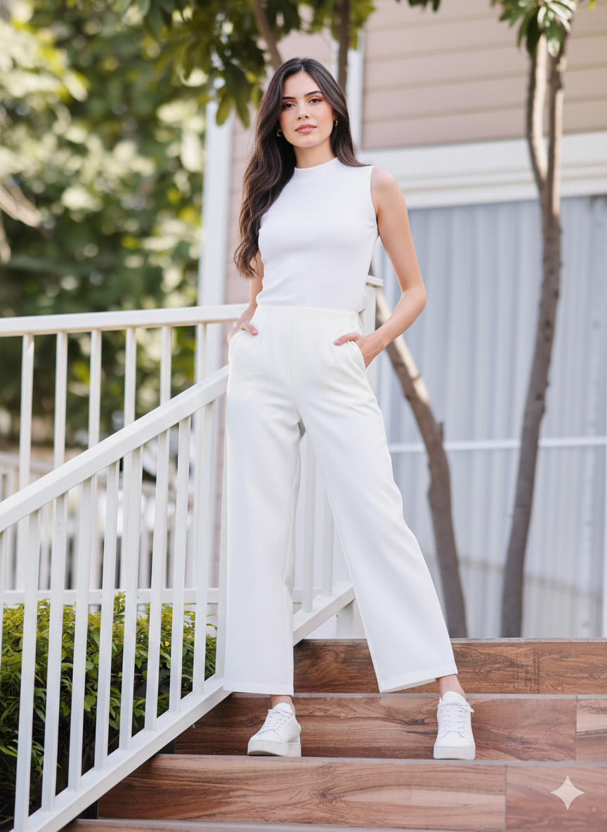 Women's White Ankle Length Pants