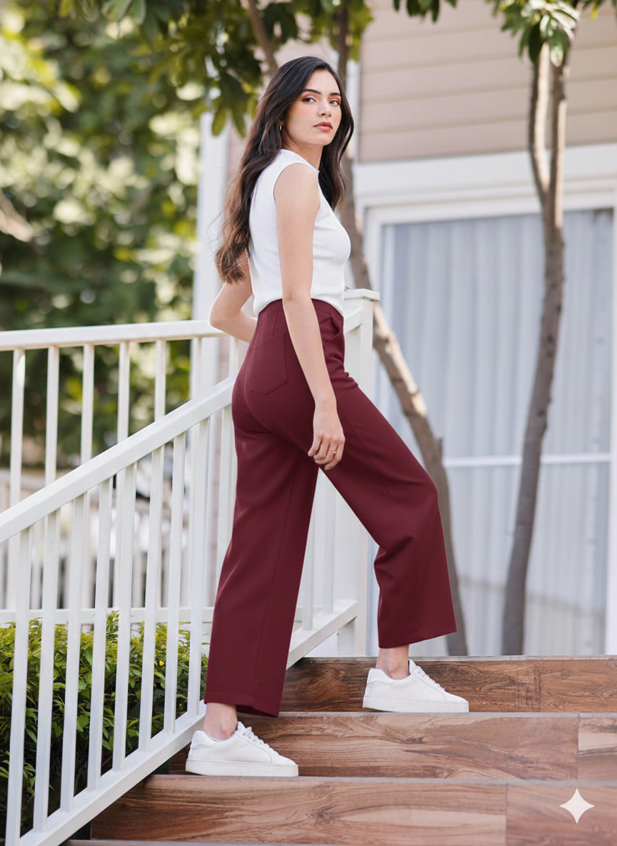 Women's Maroon Wide Leg Cropped Pants