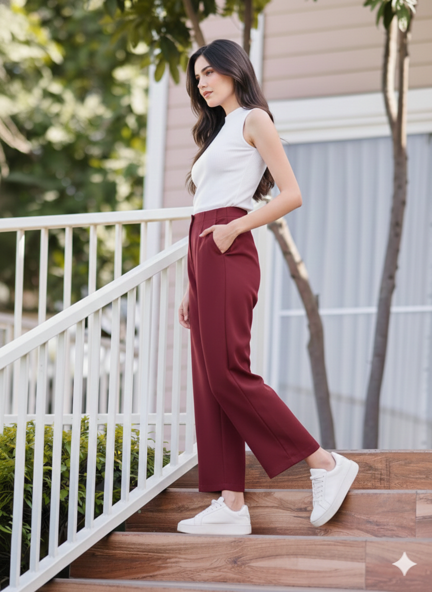 Women's Maroon Wide Leg Cropped Pants