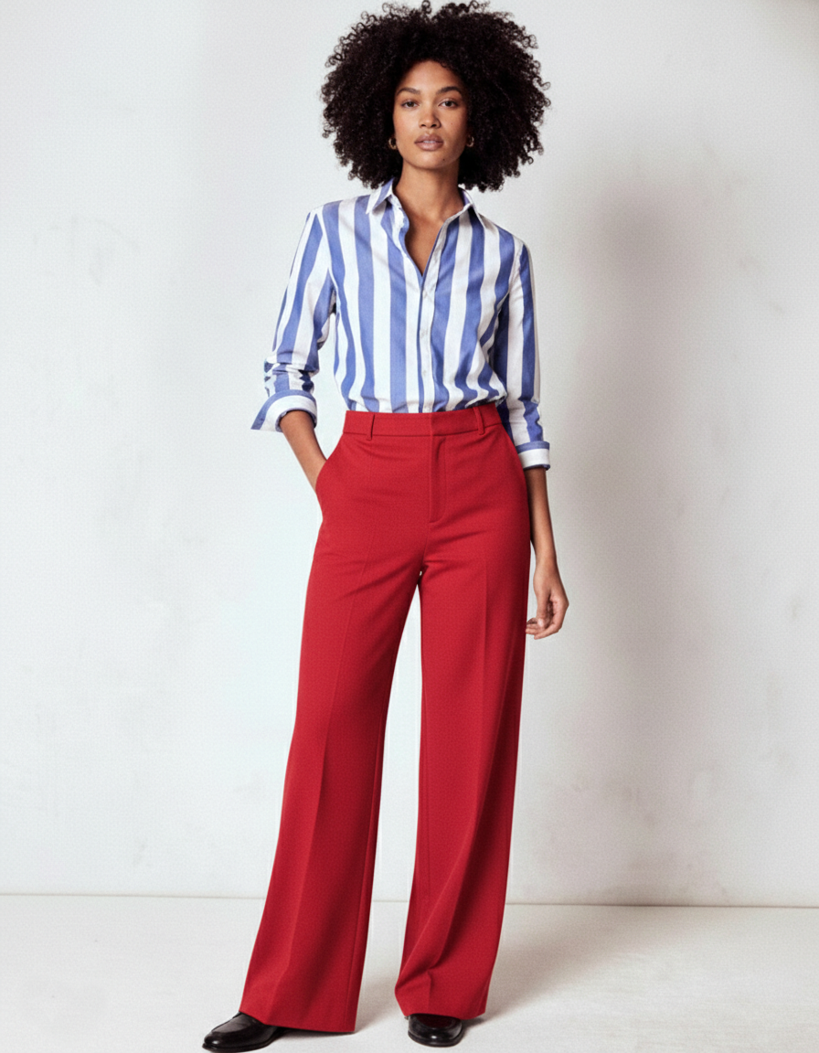 Women Red High Waist Wide Leg Pants