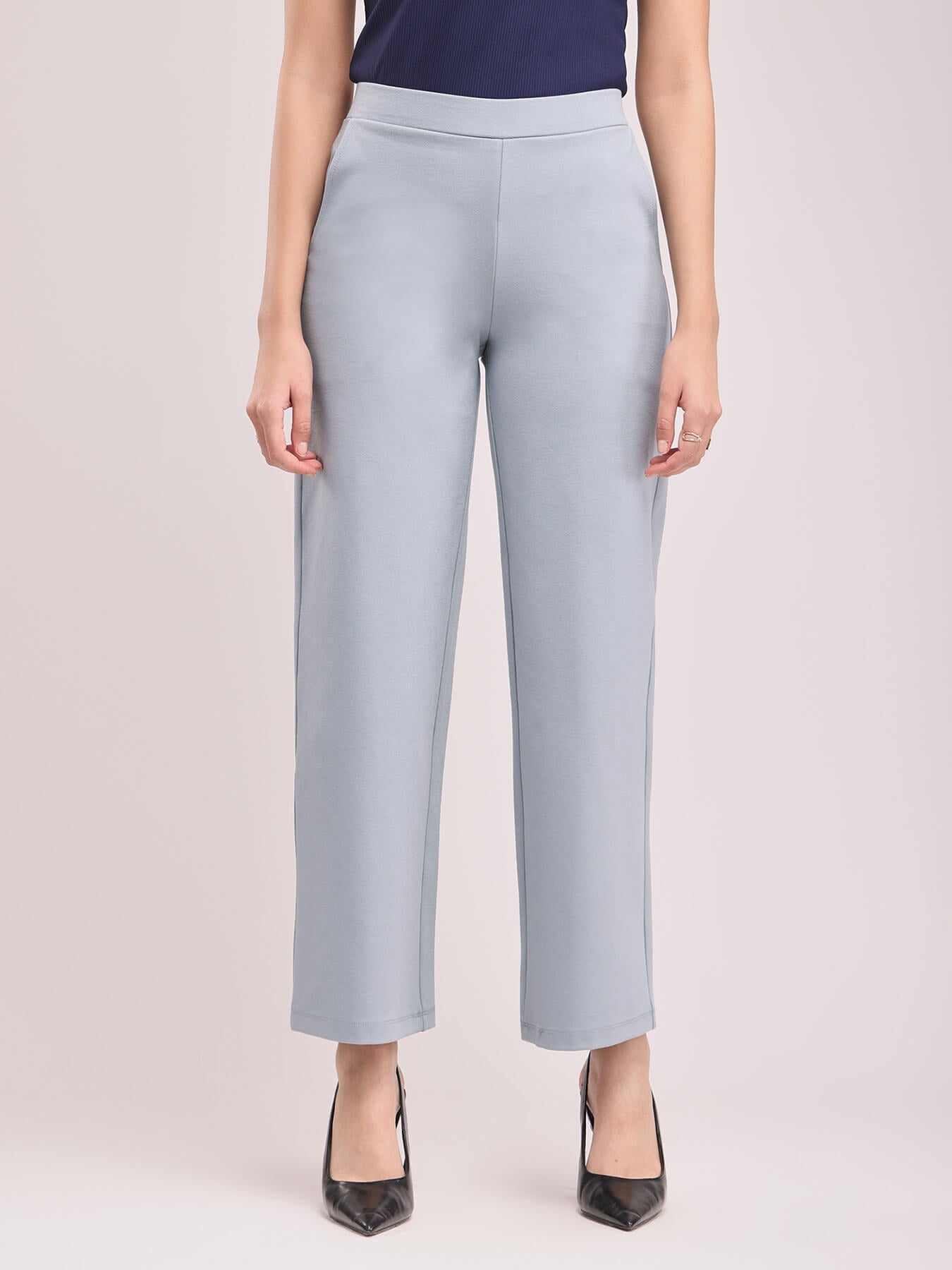 Women Light Grey High Waist Straight Fit Pants