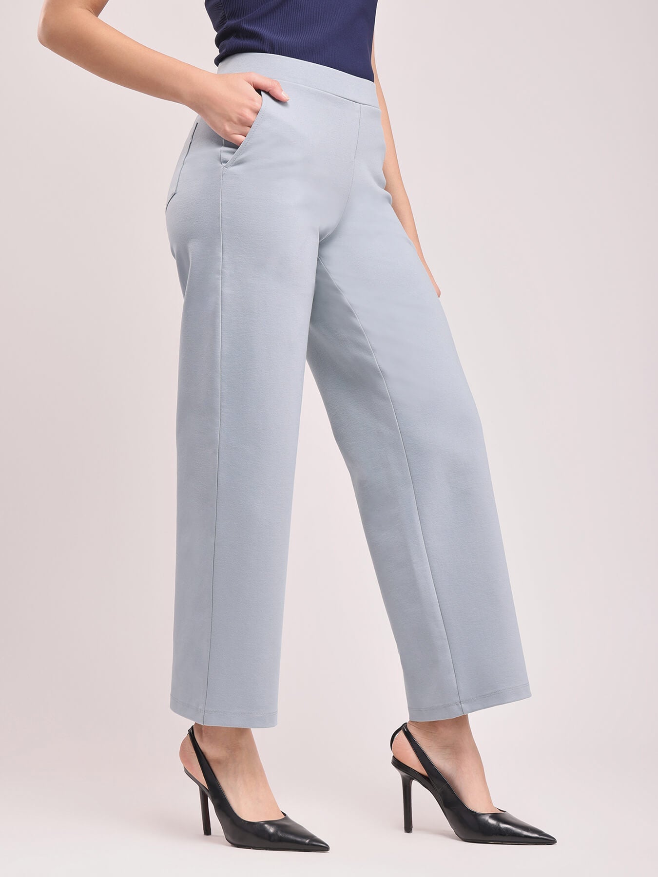 Women Light Grey High Waist Straight Fit Pants