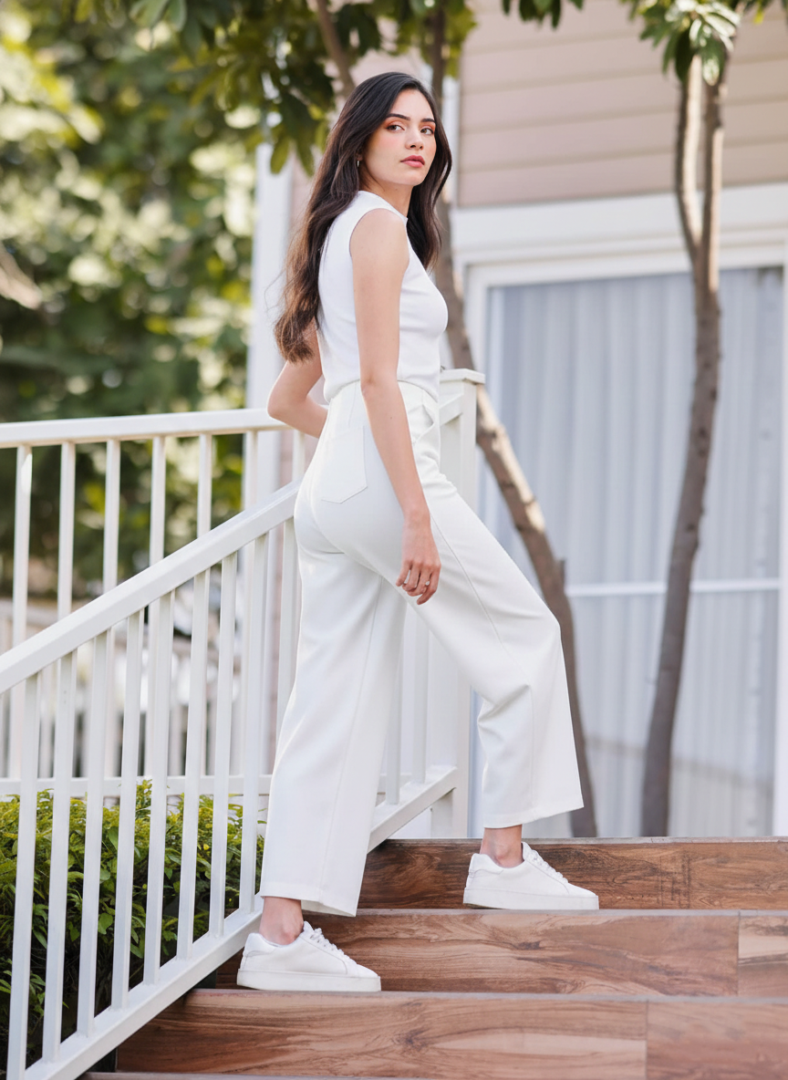 Women White High Waist Straight Fit Pants