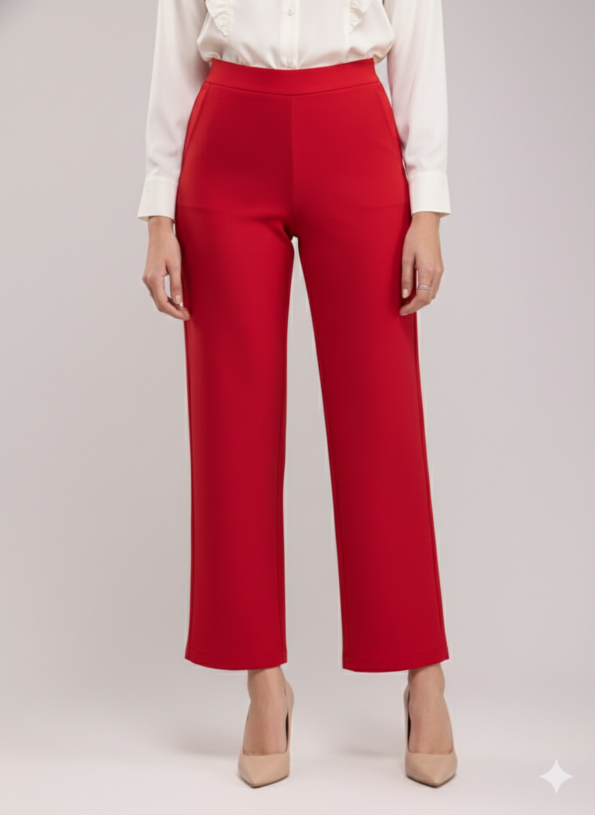 Women Red High Waist Straight Fit Pants