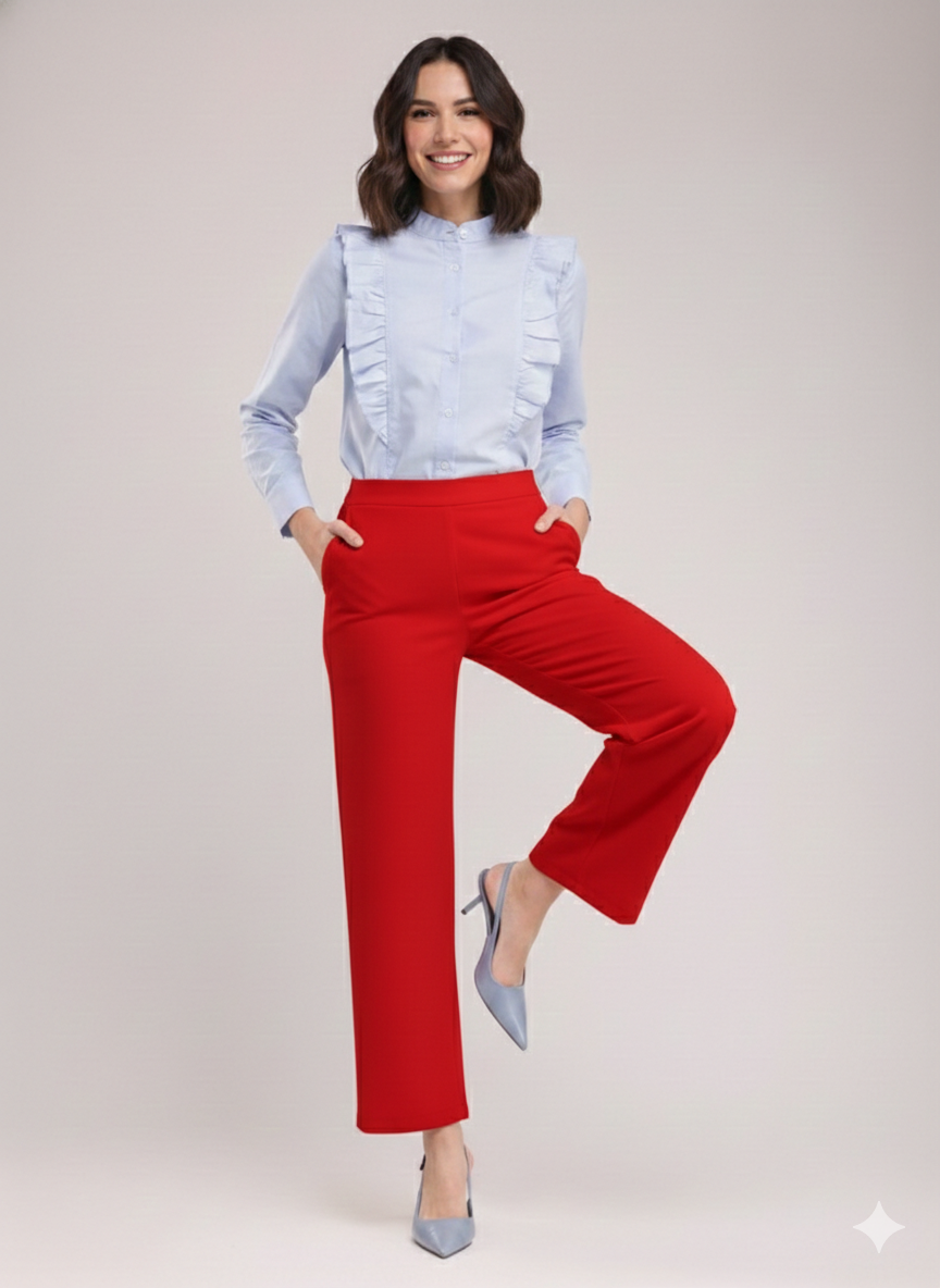 Women Red High Waist Straight Fit Pants