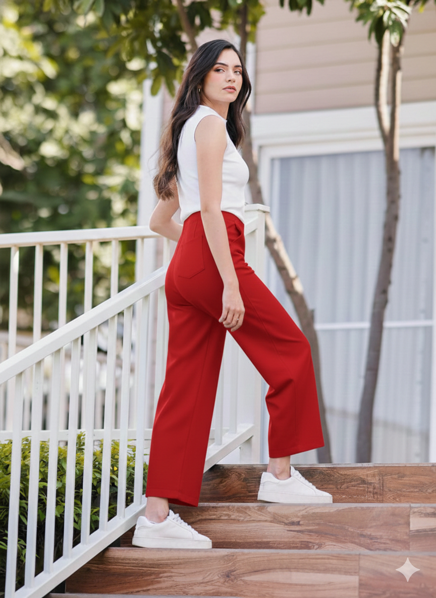Women Red High Waist Straight Fit Pants
