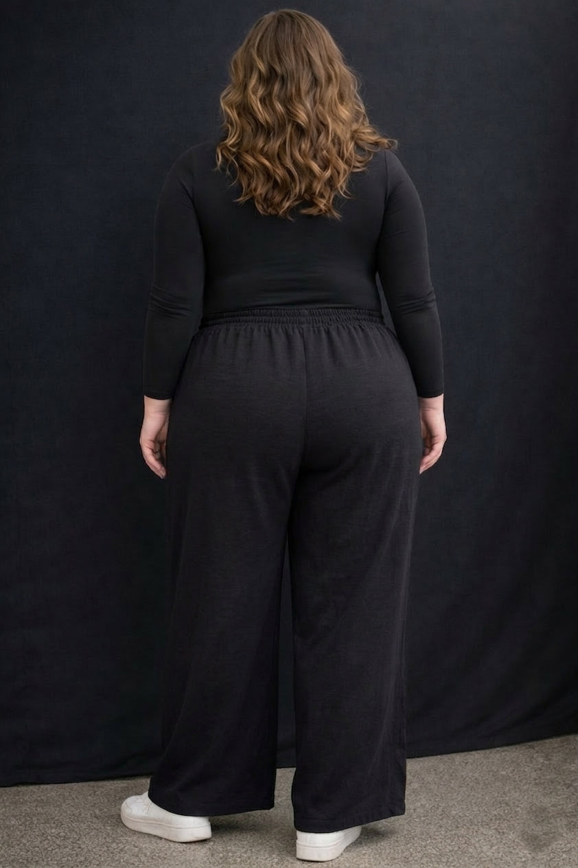 Women's Plus Size Shine Black Wide Leg Pants
