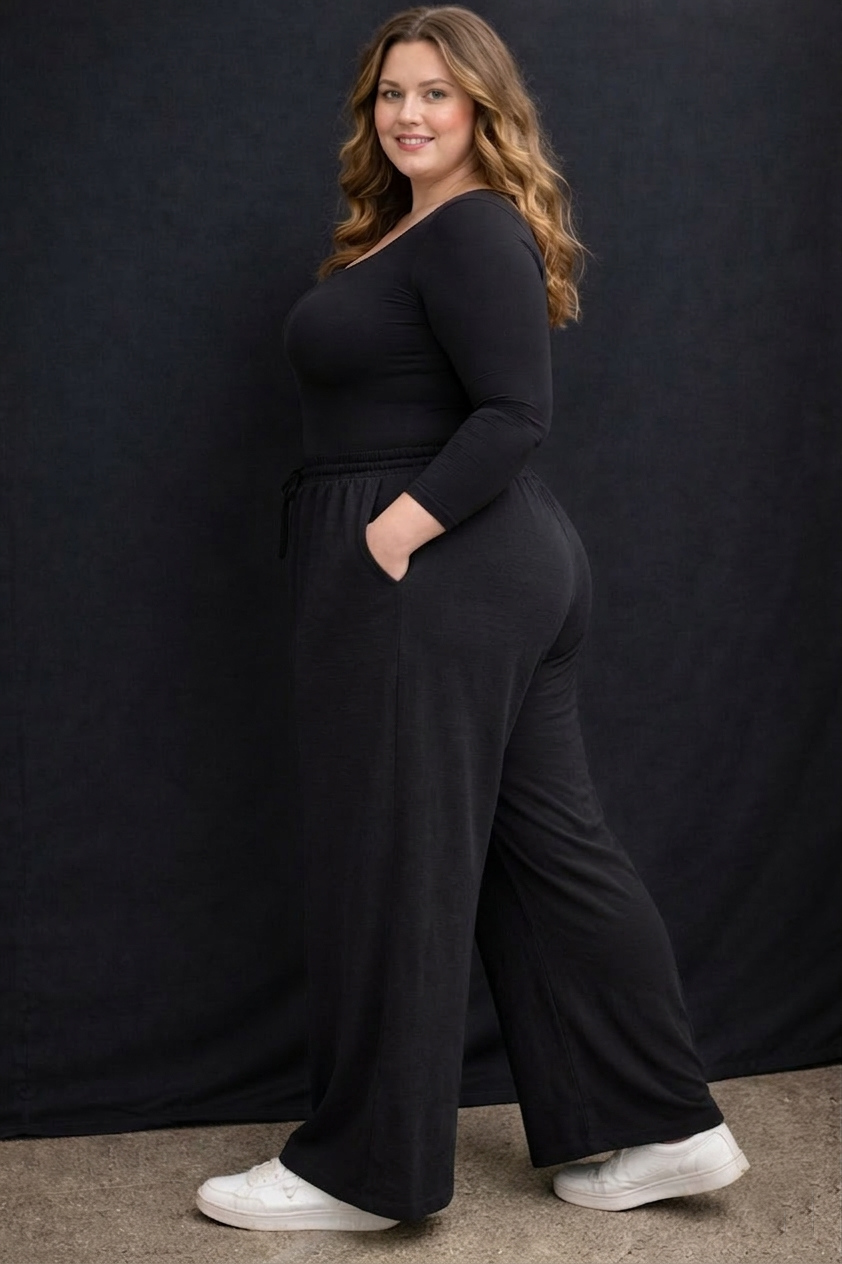 Women's Plus Size Shine Black Wide Leg Pants