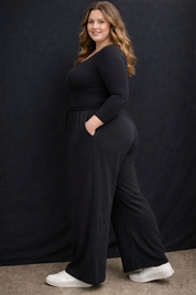 Women's Plus Size Shine Black Wide Leg Pants