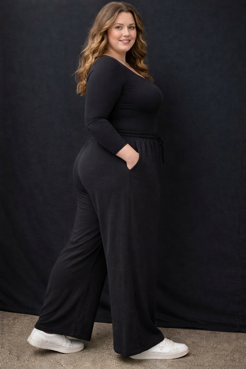 Women's Plus Size Shine Black Wide Leg Pants
