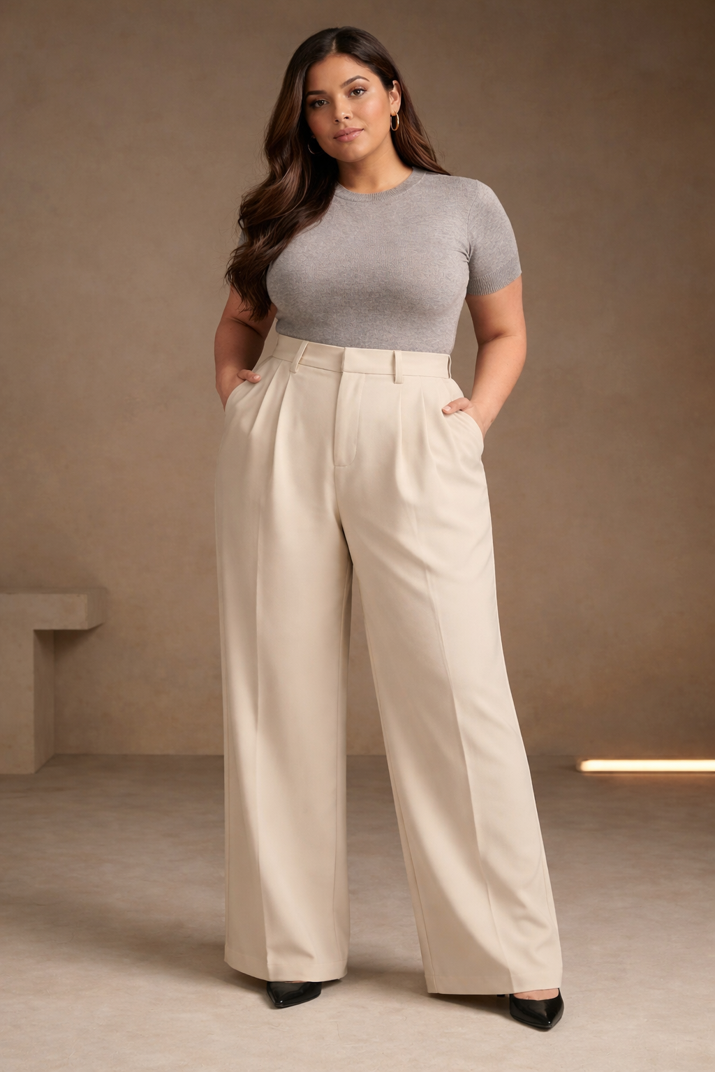 Plus Size Women’s Beige Wide Leg Palazzo Pants