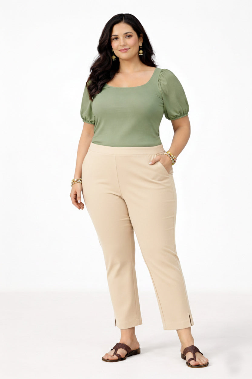 Women's Beige Ankle Length Pants Plus Size
