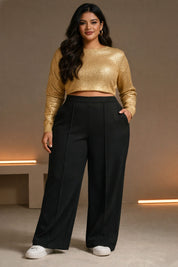 Women's Plus size High-Waist Black Wide-Leg Formal Trousers