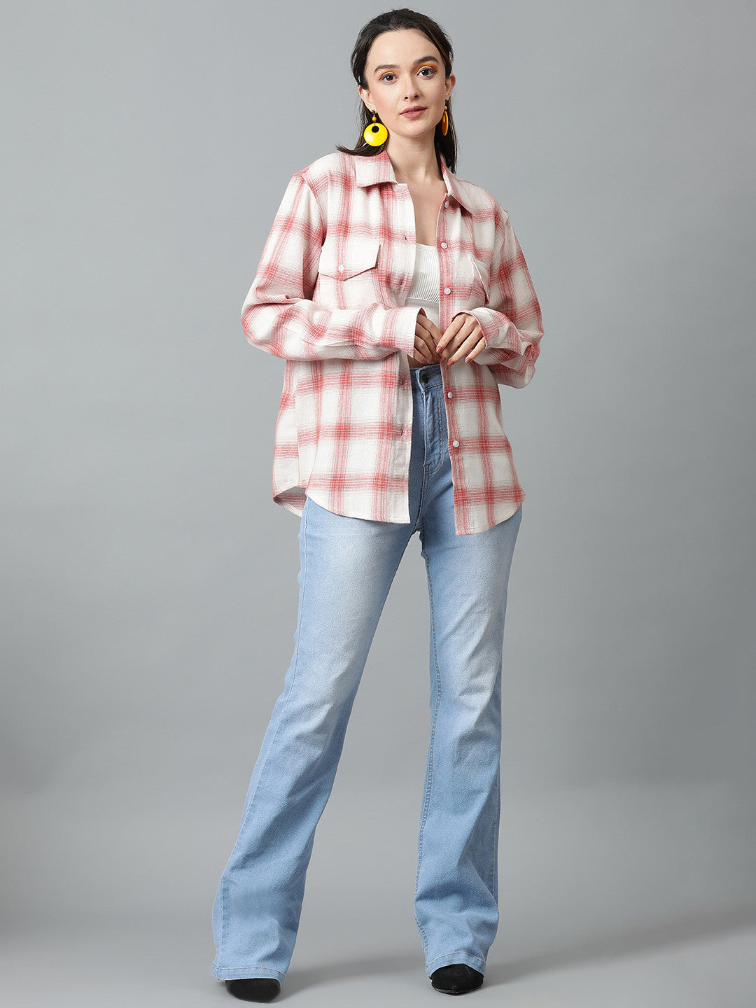 KOTTY Women Checkered Casual White, Red Shirt