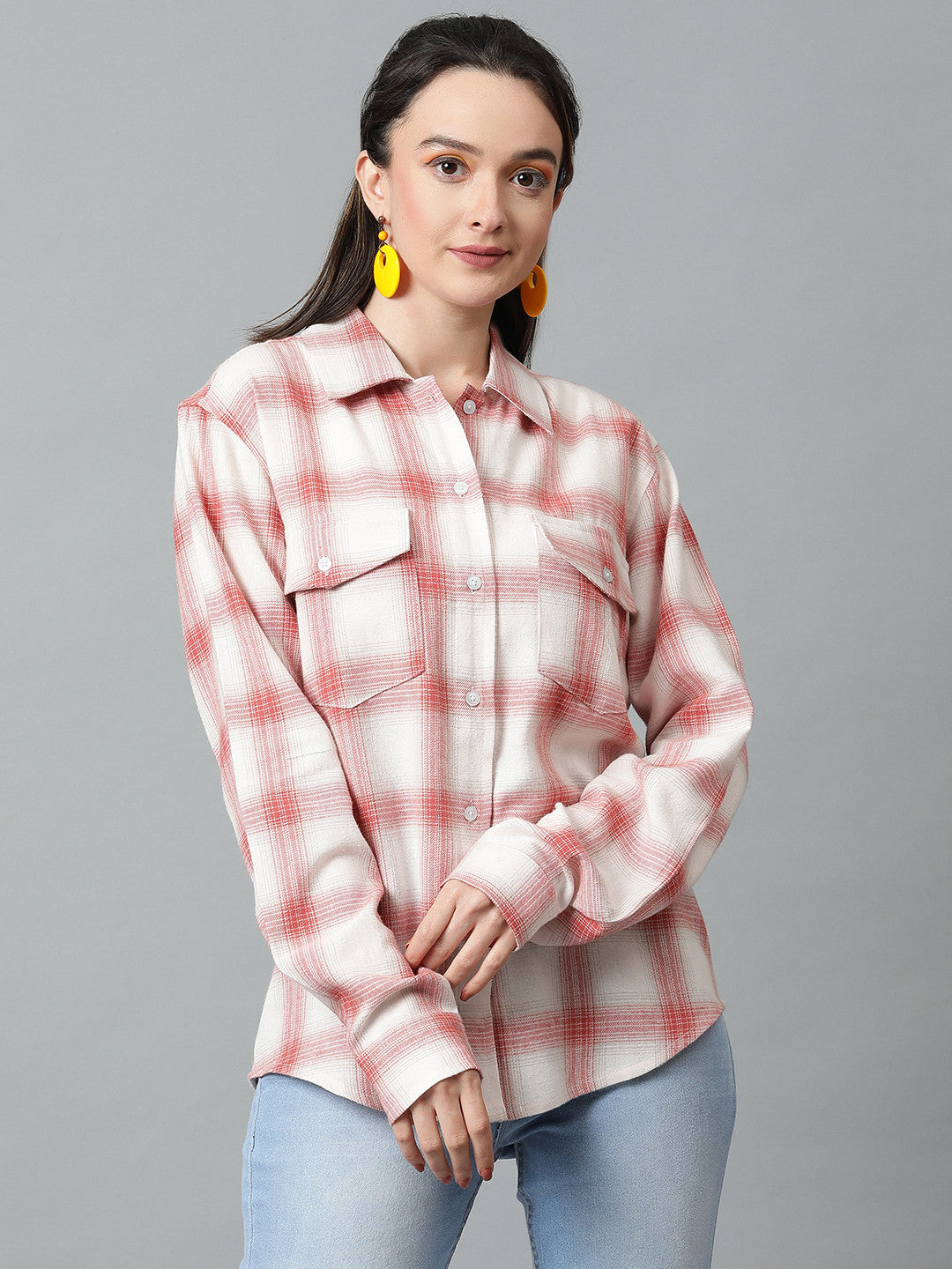 KOTTY Women Checkered Casual White, Red Shirt