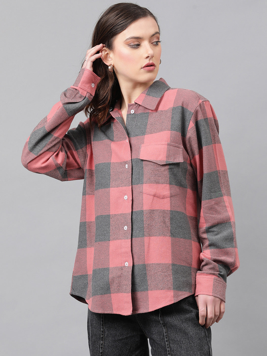 KOTTY Women Checkered Casual Black, Pink Shirt
