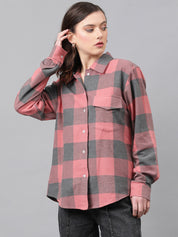 KOTTY Women Checkered Casual Black, Pink Shirt