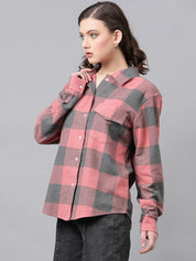 KOTTY Women Checkered Casual Black, Pink Shirt
