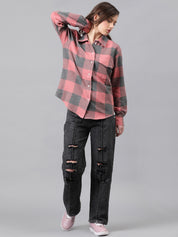 KOTTY Women Checkered Casual Black, Pink Shirt