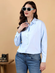 KOTTY Women's Solid Light Blue Cotton Blend Shirt