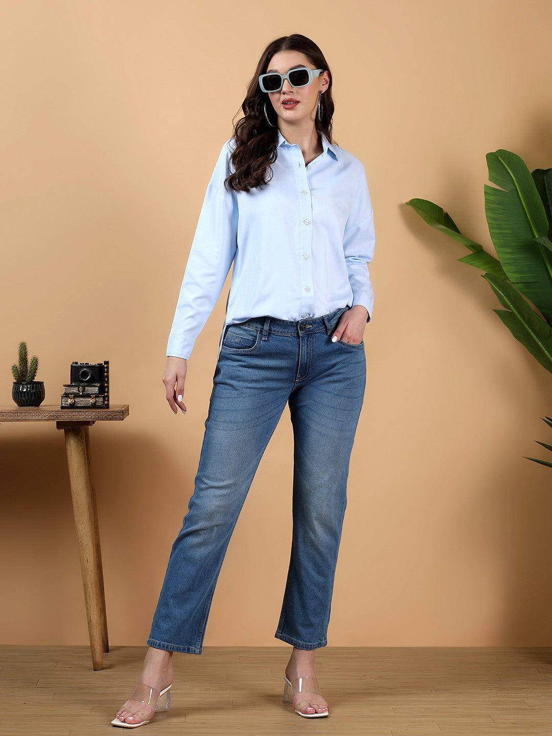 KOTTY Women's Solid Light Blue Cotton Blend Shirt