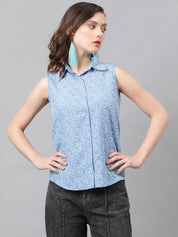 KOTTY Women Printed Casual Light Blue, White Shirt