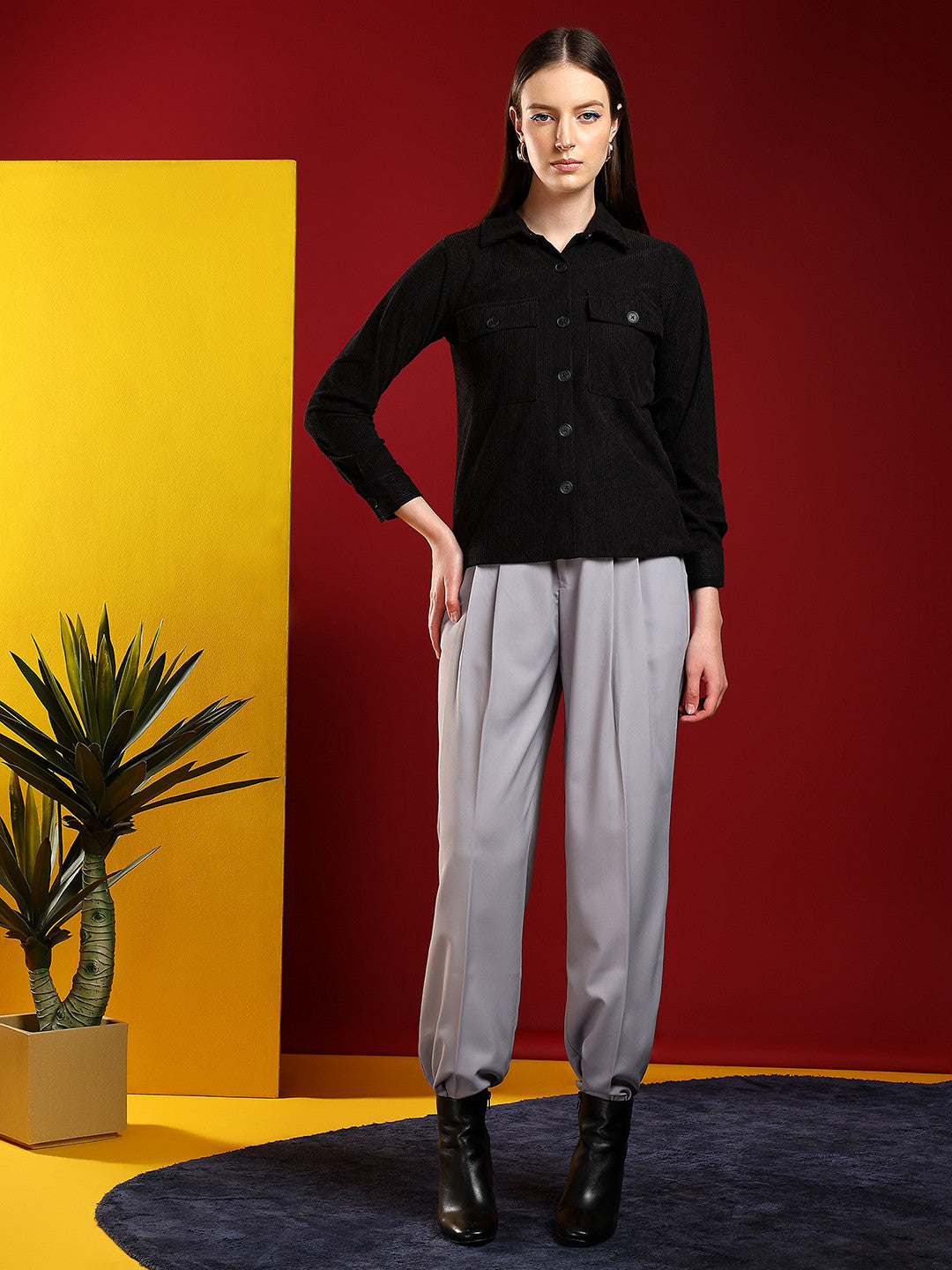 KOTTY Women Solid Casual Black Shirt