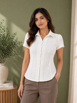 White Crochet Short Sleeve Button-Down Shirt