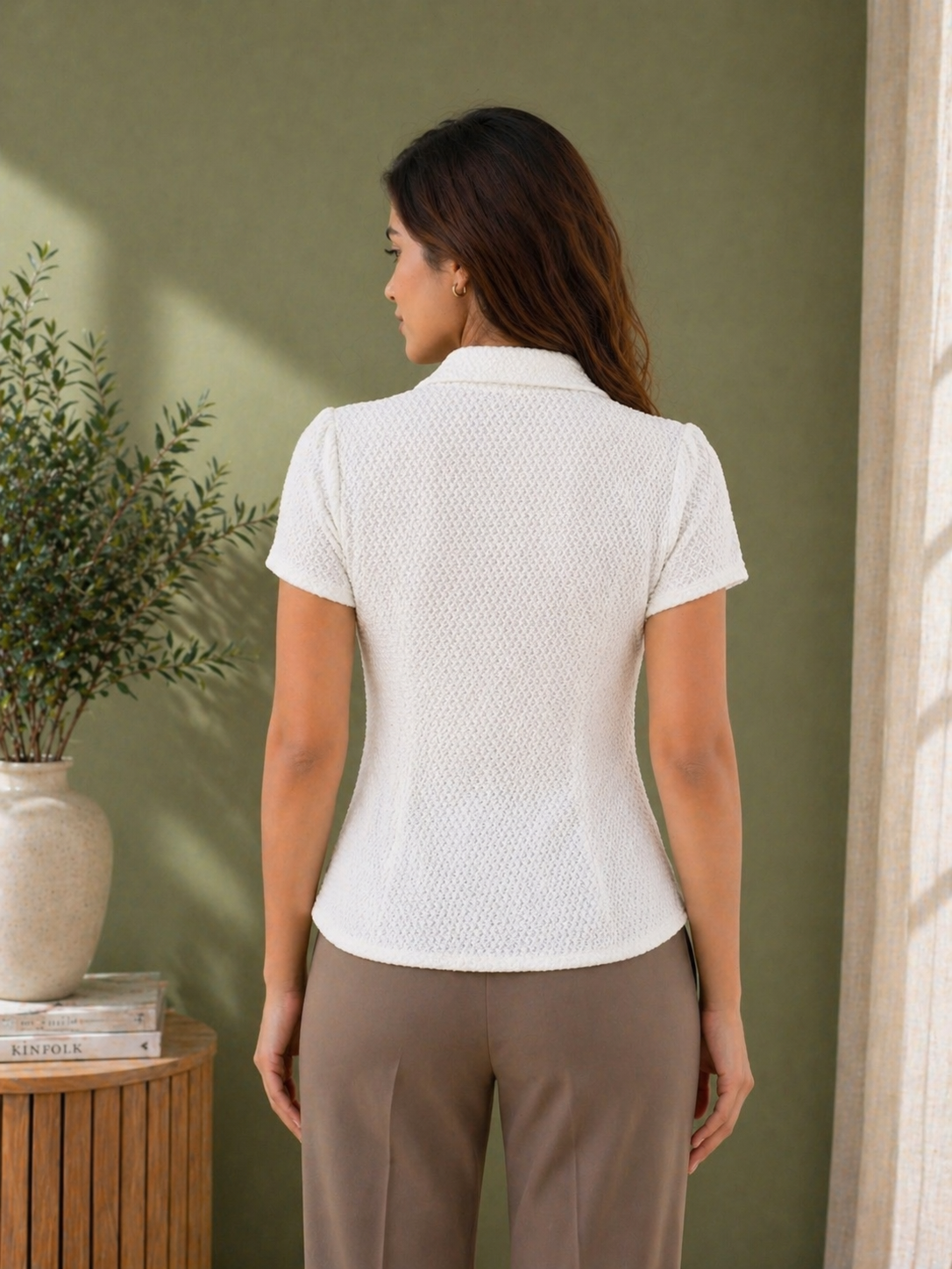 White Crochet Short Sleeve Button-Down Shirt