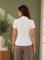 White Crochet Short Sleeve Button-Down Shirt