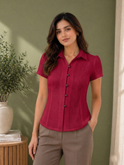 Women's Maroon Crochet Short Sleeve Button Shirt
