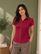 Women's Maroon Crochet Short Sleeve Button Shirt