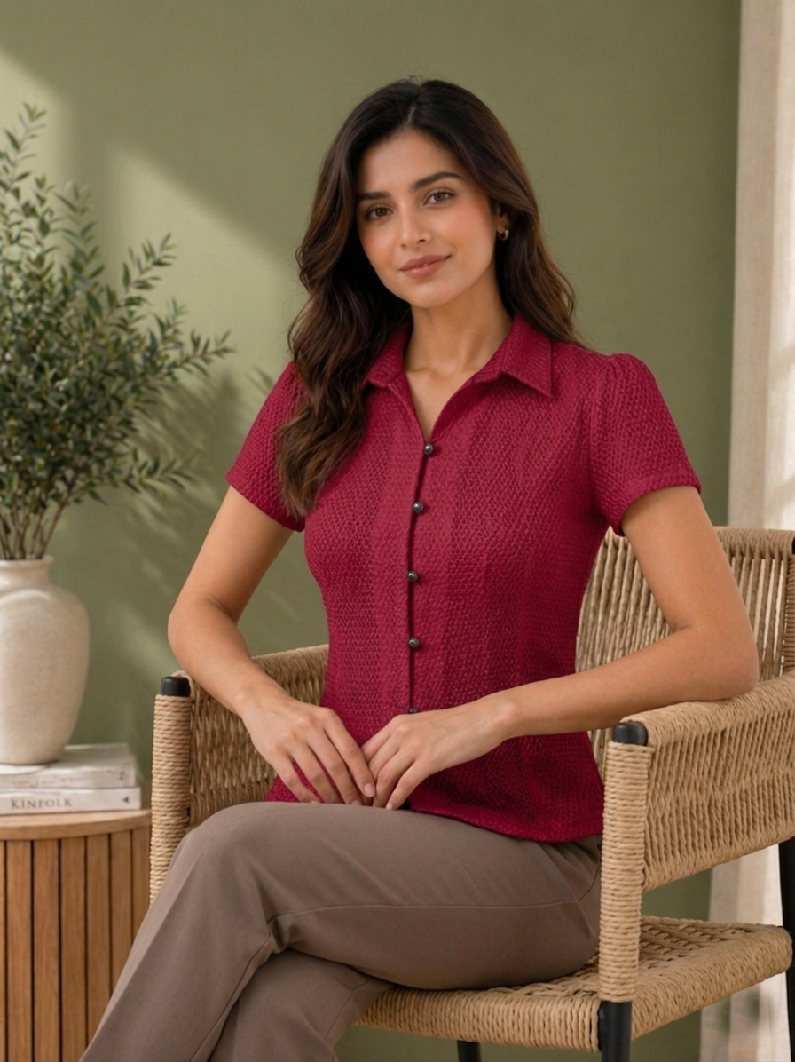 Women's Maroon Crochet Short Sleeve Button Shirt