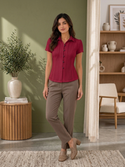 Women's Maroon Crochet Short Sleeve Button Shirt