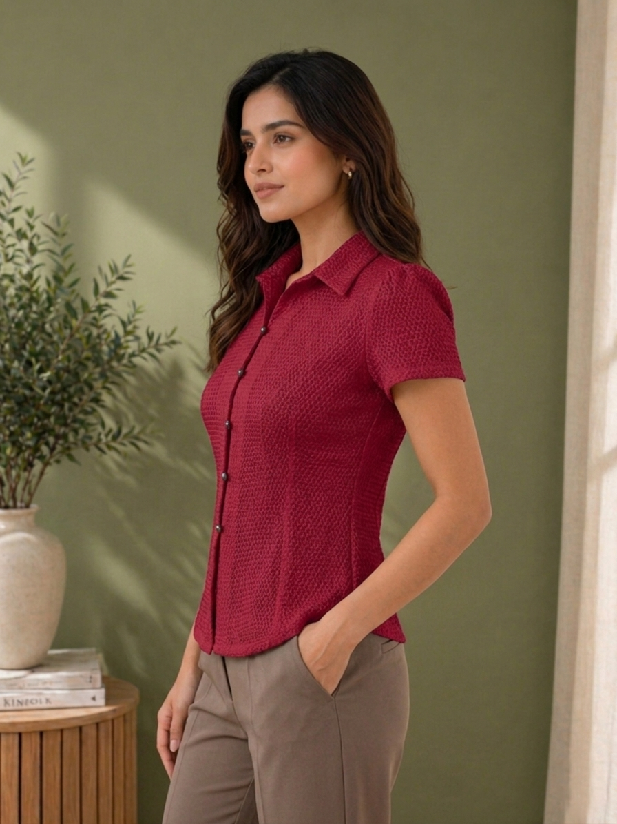 Women's Maroon Crochet Short Sleeve Button Shirt