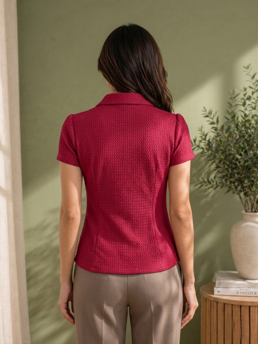 Women's Maroon Crochet Short Sleeve Button Shirt
