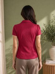 Women's Maroon Crochet Short Sleeve Button Shirt