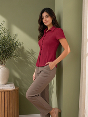 Women's Maroon Crochet Short Sleeve Button Shirt