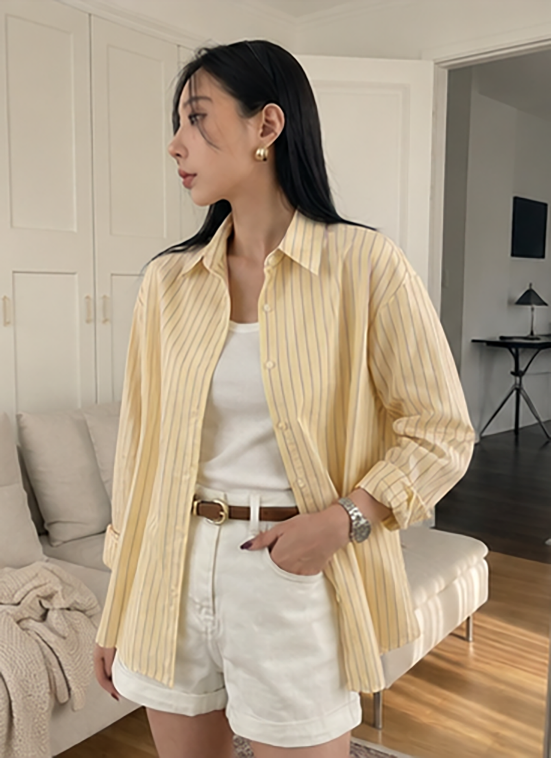 Women's Yellow Striped Cotton Cambric Shirt