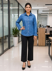 Women's Ruffle Collar Denim Office Shirt