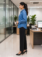 Women's Ruffle Collar Denim Office Shirt