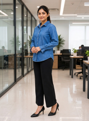 Women's Ruffle Collar Denim Office Shirt