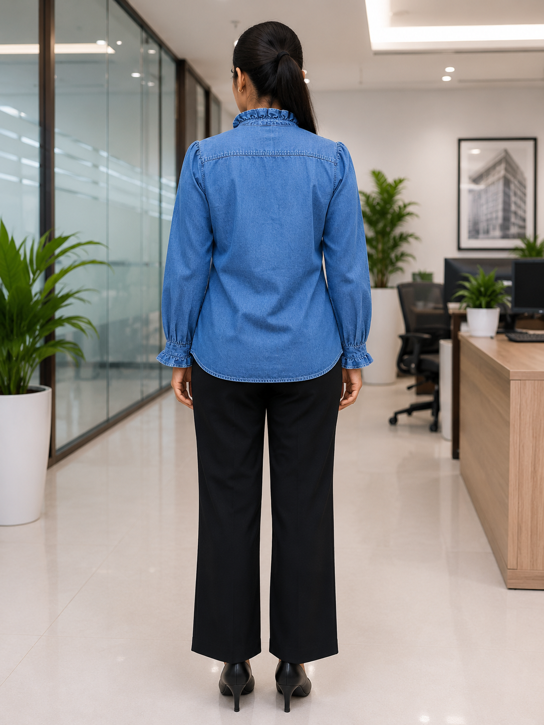 Women's Ruffle Collar Denim Office Shirt