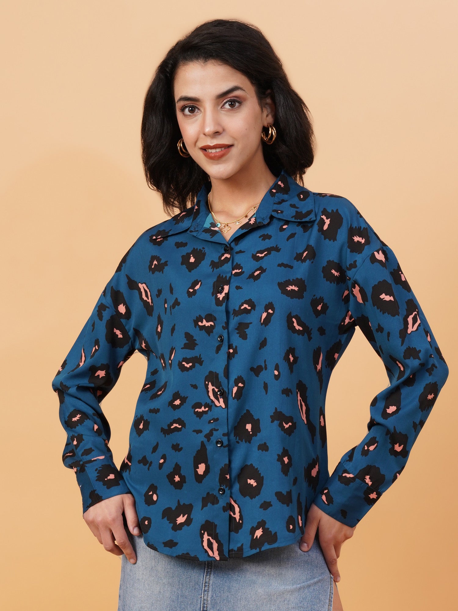 KOTTY Women Printed Casual Dark Blue, Black, Orange Shirt