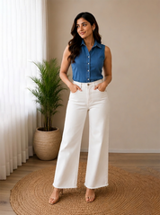 Women's Sleeveless Denim Button-Down Collared Shirt