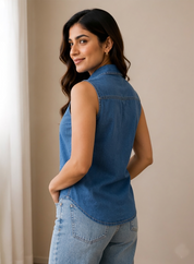 Women's Sleeveless Denim Button-Down Collared Shirt