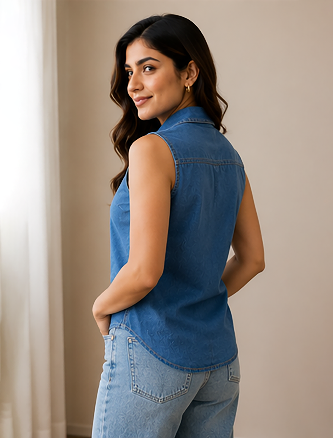 Women's Sleeveless Denim Button-Down Collared Shirt