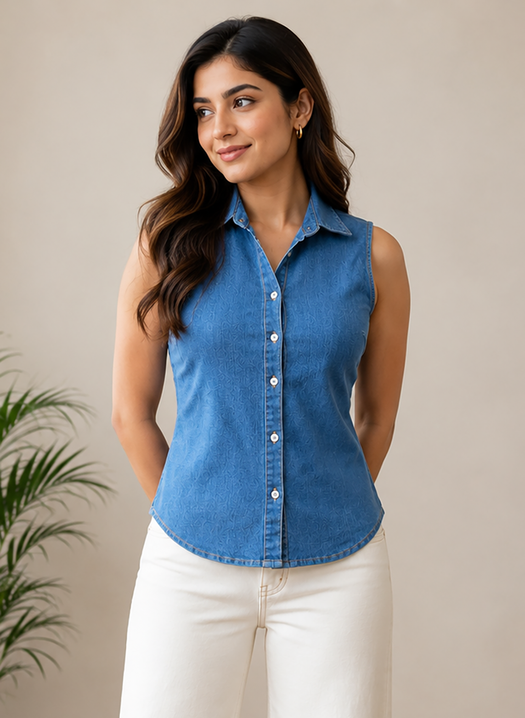 Women's Sleeveless Denim Button-Down Collared Shirt