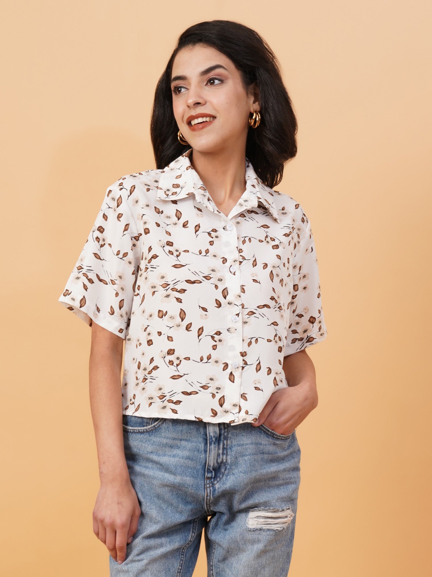 KOTTY Women Printed Casual Brown, White Shirt